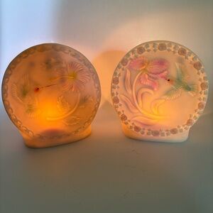 Pair of Vintage Ceramic Colorful Hummingbird Tea Light Candle Holders 4.5” Tall